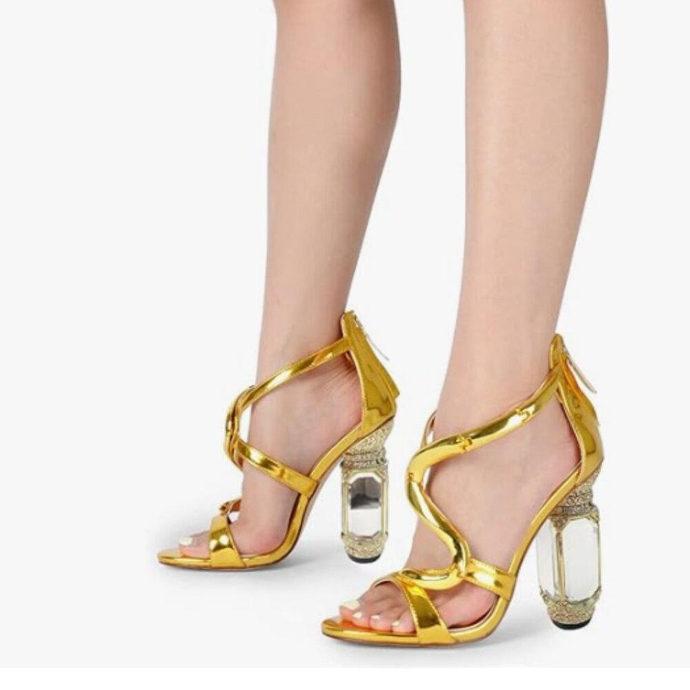 FSJ Golden S Open Toe Sandal Ankle Strap Chunky Crystal High Heels Prom Shoes